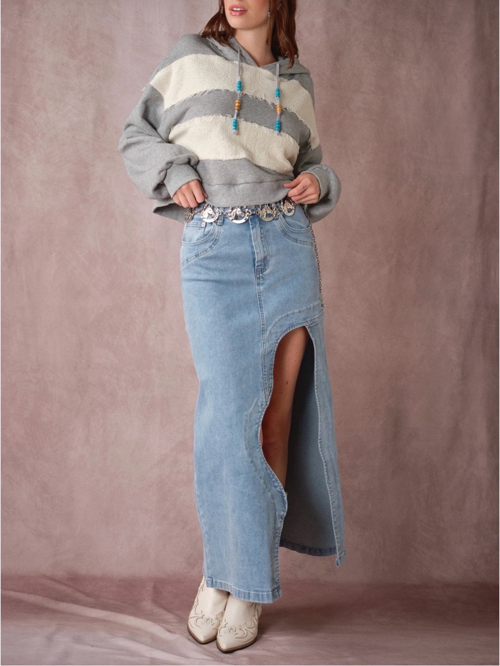 Cowgirl Light Wash Denim Maxi Skirt with Sculpted Side Slit - Picture 11 of 11